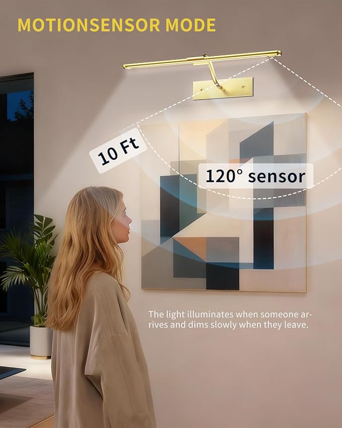 16 Inch Dimmable Picture Light, Gold LED Art Painting Wall Light with Remote Control & Timer, 3 Color Temperatures, Battery Operated Wall Sconce for Framed Pictures (Golden, 16 INCH)