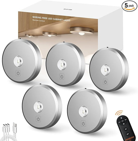 Puck Lights Cordless with Remote Control, 2200mAh Rechargeable Under Counter Lighting,3 Color Temperatures Dimmable Under Cabinet,Closet Light,Tap Light for Hallway (Silver, 5PCS)