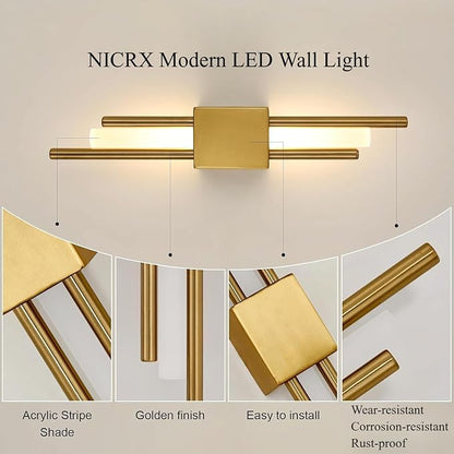 Modern Golden LED Wall Sconce, Geometric Metal and Acrylic Vertical Wall Lamp, Minimalist LED Light for Bedroom, Living Room, Hallway – 8 W, 48 cm, 3 Light Shades (Gold-Left)