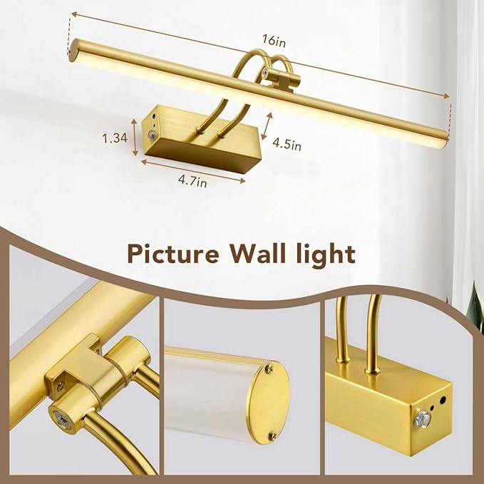 Picture Light,Picture Lights for Wall Cordless,16" Picture Lights with Timer and Dimmable,Battery Wall Lights for Display Gallery Painting Art Frame Portrait-Plated Gold