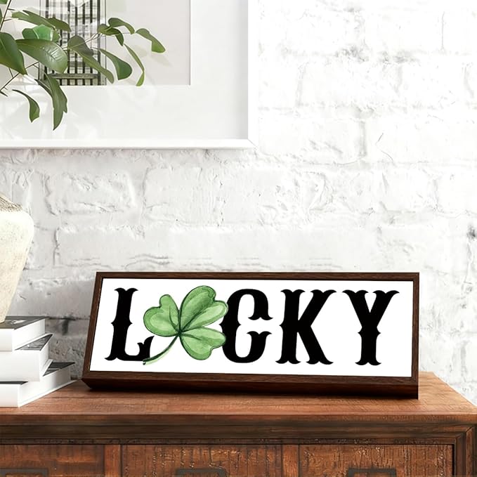Lucky Wood Sign, Lucky Shamrocks Wooden Block Signs, Rustic Tabletop Decors, Happy St. Patrick's Day Decoration for Home Office, Housewarming Decor, Irish Gift for Women Men, 9.5x3.1x1 inches