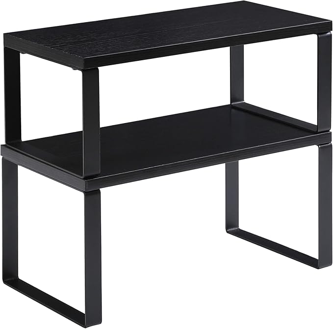 YMYNY Cabinet Shelf Organizer, Spice Racks Set of 4, Kitchen Counter Shelves, Stackable, Wood, Cupboard Organizer for Dishes, Seasoning, Cans, Coffee Mugs, Black, HSR002B-2