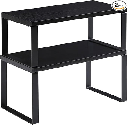YMYNY Cabinet Shelf Organizer, Countertop Shelves Set of 2, Kitchen Spice Racks, Stackable, Storage Racks for Cupboard, Sink, Pantry, Bathroom, Black, Metal, UHSR002B