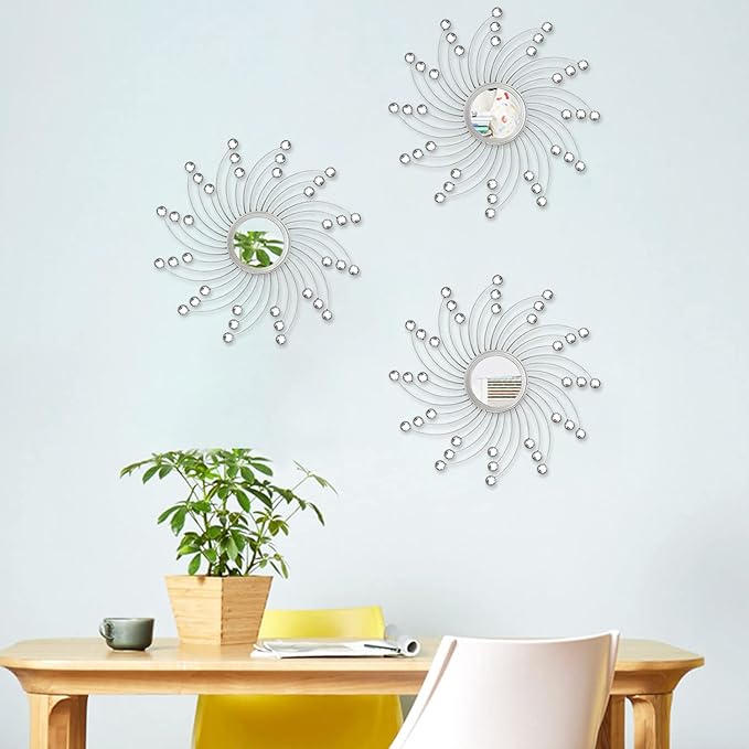 Uaussi 3 Pack Crystal Sunburst Wall Mirror Décor Rhinestone Mirrors Decorative Home Wall Art for Living Room Bedroom Entryway(Curle Burst Silver)