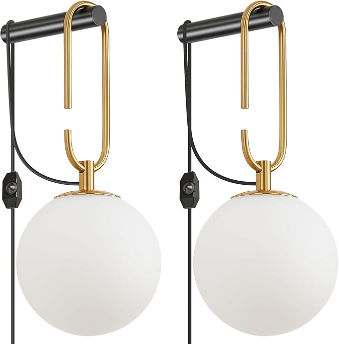 Dimmable Plug in Wall Sconces Set of 2, Modern Globe Wall Light with Rotary Dimmer Switch, Black & Gold Finish with Opal Glass Shade, 7.5Ft Cord & Dimmable G9 Bulb Included for Bedroom Bedside