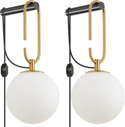 Dimmable Plug in Wall Sconces Set of 2, Modern Globe Wall Light with Rotary Dimmer Switch, Black & Gold Finish with Opal Glass Shade, 7.5Ft Cord & Dimmable G9 Bulb Included for Bedroom Bedside