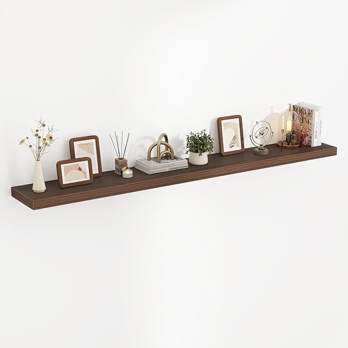 72 Inch Floating Shelves, 3D Textured Wood Grain, 72"x9.25"x1.5" Inch Deep Floating Shelves for Wall, Wooden Shelves for Bathroom, Bedroom, Living Room, Walnut, 1 Piece
