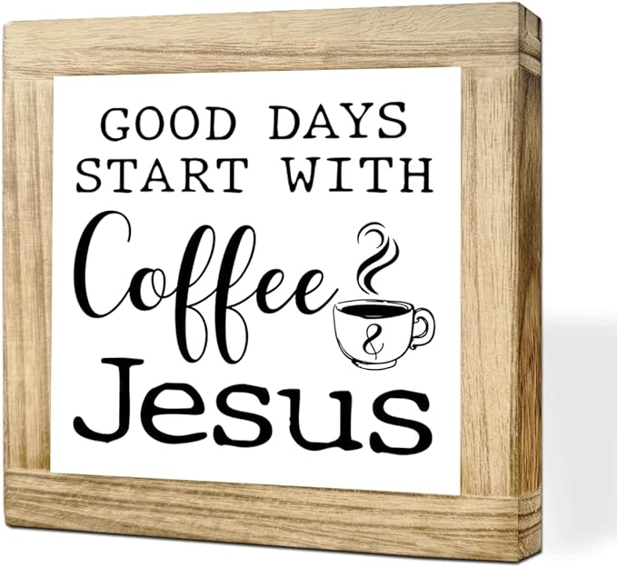 Christian Coffees Decoration Wood Coffee Sign Good Days Start With Coffee And Jesus Farmhouse Cafe Sign Table Decor for Kitchen Home Office Bar Handmade Wooden Cafe Signs 5.9x5.9 Inch