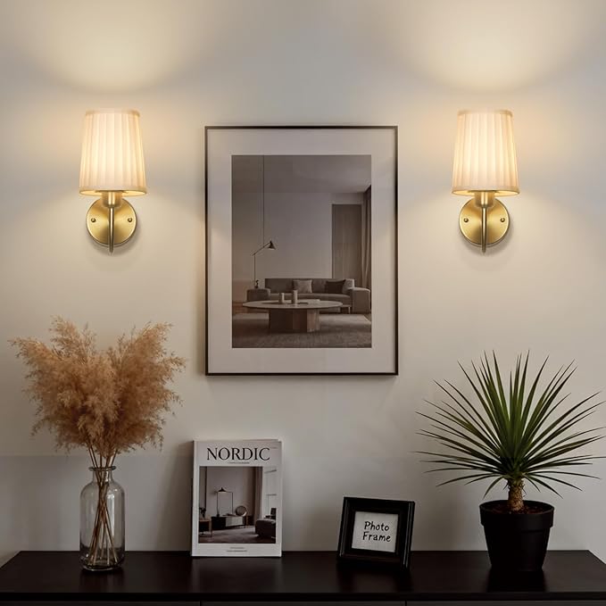 Battery Operated Wall Sconce Set of Two, Wireless Wall Sconces with 10000mAh Dimming Magnetic Bulb, Rechargeable Wall Sconce with Pleated Fabric for Bedroom Living Room Gallery Hallway, Gold
