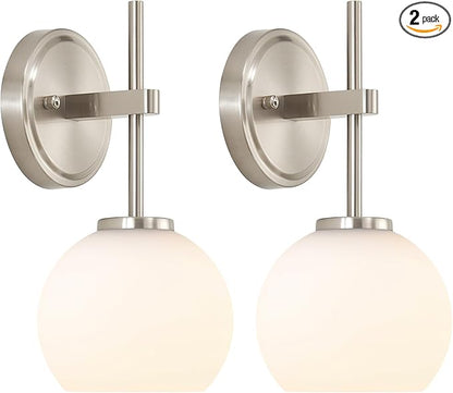 Brushed Nickel Battery Operated Wall Sconce Set of 2, Wireless Rechargeable Sconces Wall Lighting with Remote Control, LED Wall Lights with Opal White Glass Shade, 12 Colors RGB & 3 CCT Bulb