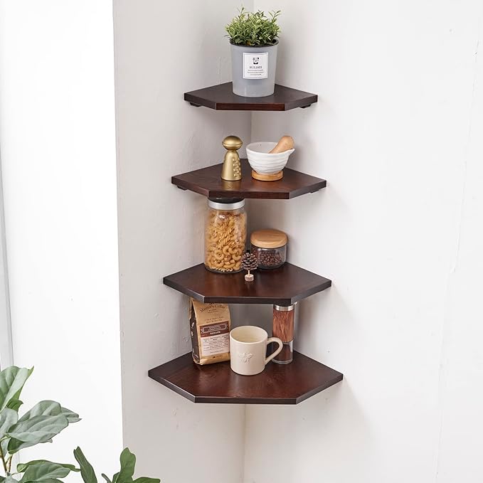 Corner Shelf Wall Mount, Set of 2 Solid Oak Wood Floating Corner Shelves with Wire Hole Display Shelf with Wire Hole Small Plant Display for Kitchen Living Room Bedroom