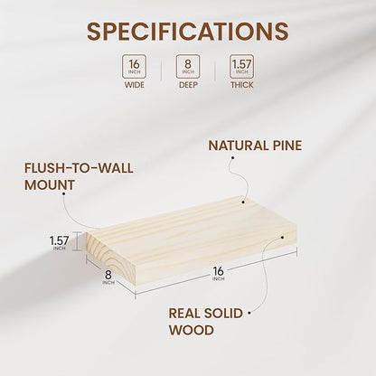 Heimlove 16 Inch Floating Shelves for Wall Solid Wood Shelves Set of 2,Wall Mounted Rustic Wood 8 Inch Deep Floating Shelf with Invisible Brackets for Bedroom Kitchen Living Room