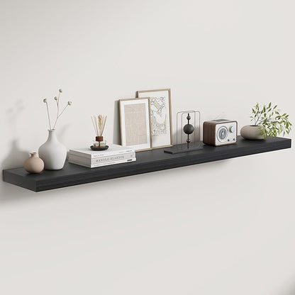 Fun Memories Rustic Real Wood Floating Shelves, 8 Inch Deep Floating Shelf Wall Mounted, 48" W x 8" D Wall Shelves Storage Shelves for Living Room, Bedroom, Bathroom, Black Finish, Set of 1