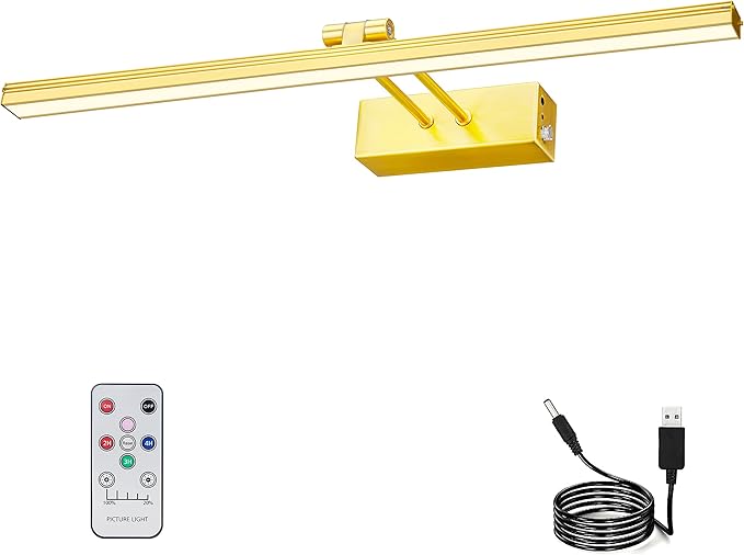 Picture Light,5000mAh Rechargeabl Art Lights for Paintings,Remote 16" Display Accent Lighting with Timer and Dimmable for Wall,Frame,Portrait-Brass