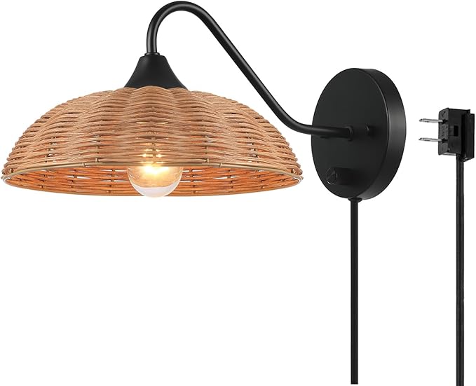 Globe Electric Plug-in or Hardwire Wall Sconce, Matte Black, Paper Twine Shade, 6-Foot Cord, Rotary Switch, 65000105
