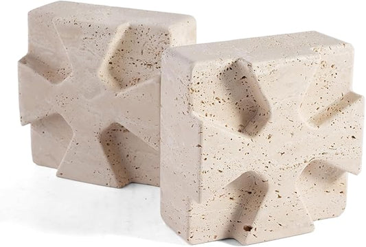 Decorative Square Marble Bookends for Heavy Books – Unique Book Ends for Shelves – Modern Aesthetic Book Holder/Stopper with Non-Slip Pads for Chic Home, Office, or Library Decor(Travertino Turkey)
