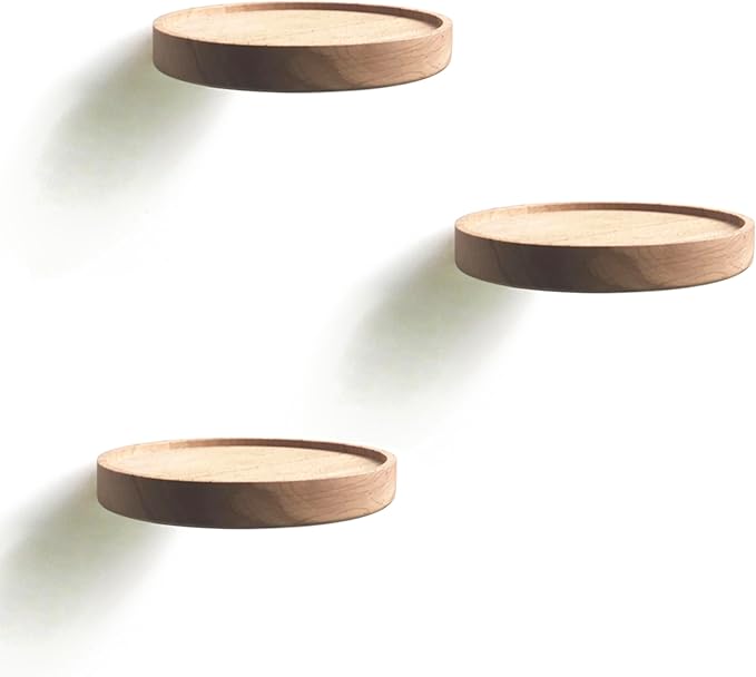 Set of 3 Modern Beechwood Floating Shelves, Round, 5.9 x 0.82 Inch, Oil Rubbed Finish, Wall Mounted, Holds Up to 15kg Each