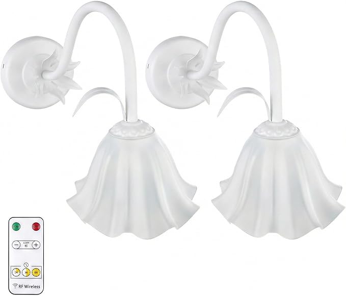 Battery Operated Cordless Flower Wall Sconce Set of 2 (White), Stepless Dimming Magnetic Wireless Wall Lamp, 5200mAh Rechargeable Battery, for Living Room Bedroom Hallway Corridor