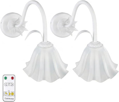 Battery Operated Cordless Flower Wall Sconce Set of 2 (White), Stepless Dimming Magnetic Wireless Wall Lamp, 5200mAh Rechargeable Battery, for Living Room Bedroom Hallway Corridor