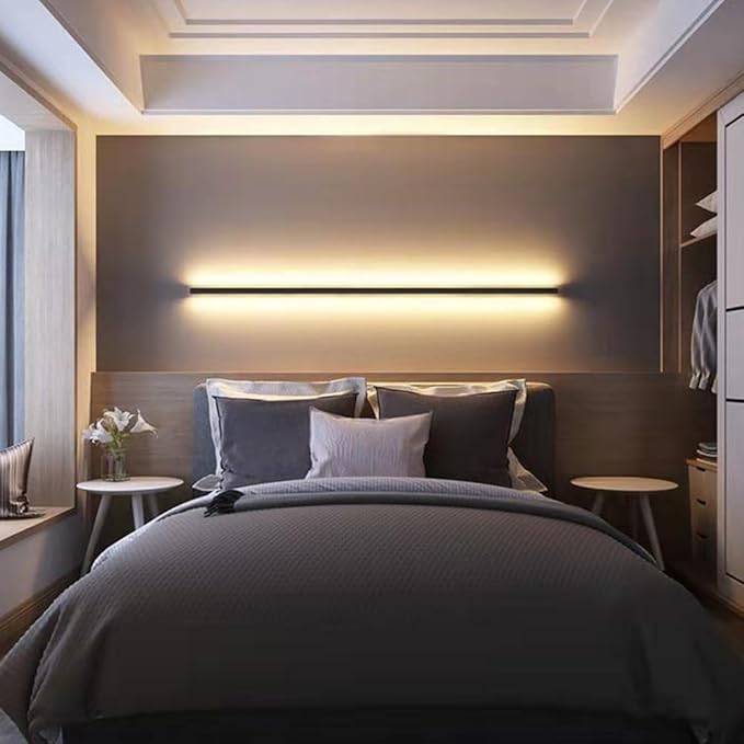 Modern Linear Wall Sconce - LED Black Wall Lighting Fixture for Bedroom, Hallway, Office & Living Room - Minimalist 80cm Indoor Wall Washer (3000K)