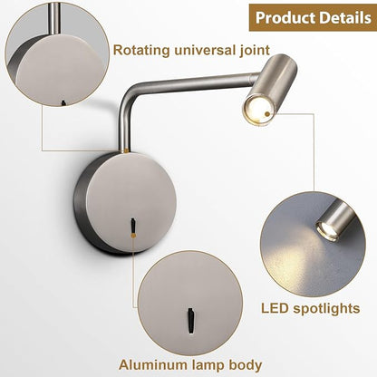 ZEROUNO Wall Mounted Reading Light Swing Arm Bedside Lamps for Bedroom Hardwired Sconces with Switch LED Mounted for Home Decor Wall Lighting Fixtures Indoor (Silver)