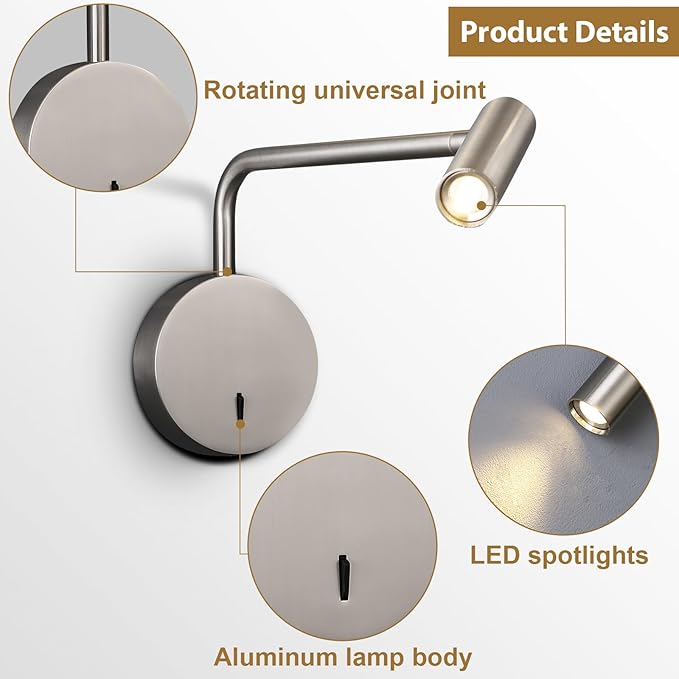 ZEROUNO Wall Mounted Reading Light Swing Arm Bedside Lamps for Bedroom Hardwired Sconces with Switch LED Mounted for Home Decor Wall Lighting Fixtures Indoor (Silver)