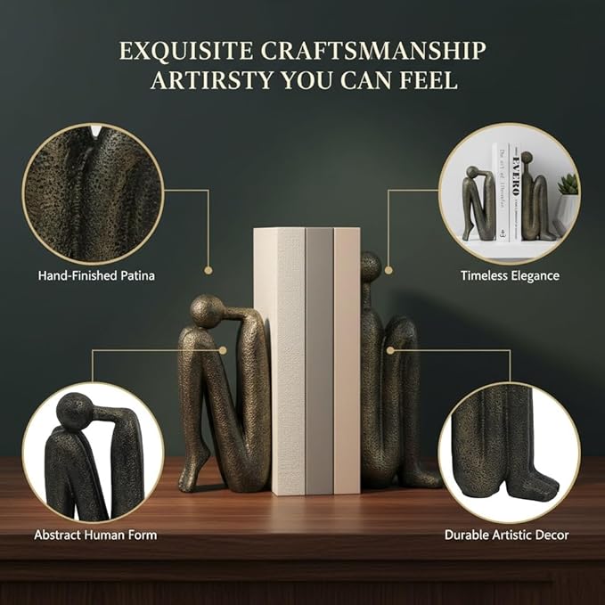 Thinker Decorative Bookends for Shelves, 1 Pair Heavy-Duty Book Ends Holder, Resin Book Stopper for Office Home Living Room Decor