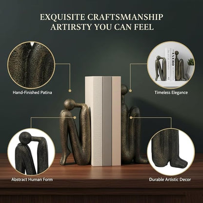 Thinker Decorative Bookends for Shelves, 1 Pair Heavy-Duty Book Ends Holder, Resin Book Stopper for Office Home Living Room Decor