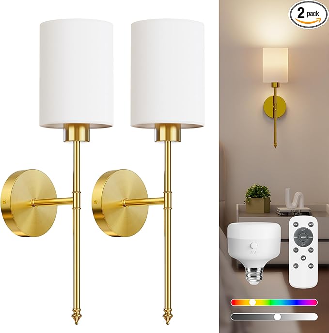 NIORSUN Battery Operated Wall Sconce Set of 2, Gold Wireless Rechargeable Wall Lights with 5200mAh Dimmable Detachable Bulbs and Remote, 9 Colors Sconces Wall Decor for Bedroom Living Room Hallway