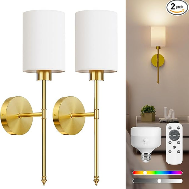 NIORSUN Battery Operated Wall Sconce Set of 2, Gold Wireless Rechargeable Wall Lights with 5200mAh Dimmable Detachable Bulbs and Remote, 9 Colors Sconces Wall Decor for Bedroom Living Room Hallway