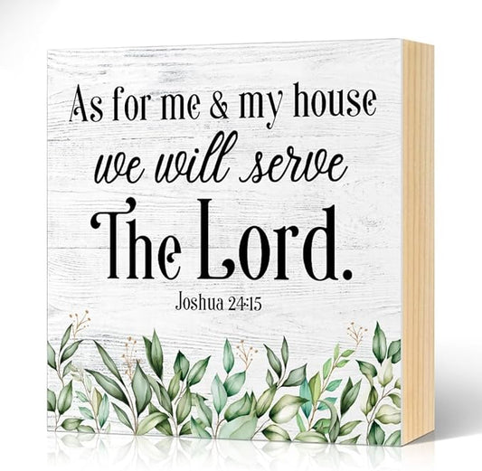 As for Me And My House We Will Serve The Lord Wood Block Plaque Box Sign for Home Living Room Coffee House Bar Shelf Table Decoration, Joshua 24:15 Christian Decor Gifts for Family Friend