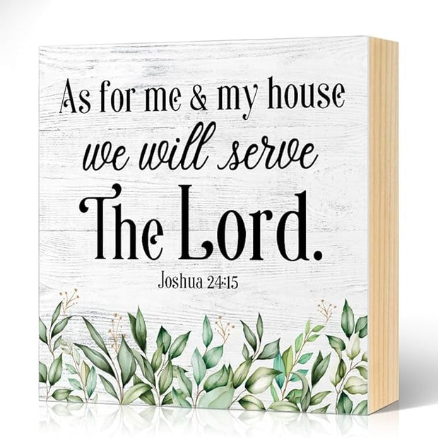 As for Me And My House We Will Serve The Lord Wood Block Plaque Box Sign for Home Living Room Coffee House Bar Shelf Table Decoration, Joshua 24:15 Christian Decor Gifts for Family Friend