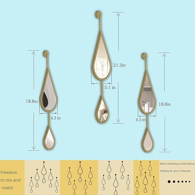 Gold Mirror Wall Decor Modern Tear Drop Shape Decorative Mirror for Bedroom Living Room entryway Hall Fireplace Boho Wall Mirror 3-Pack Mirrors Set