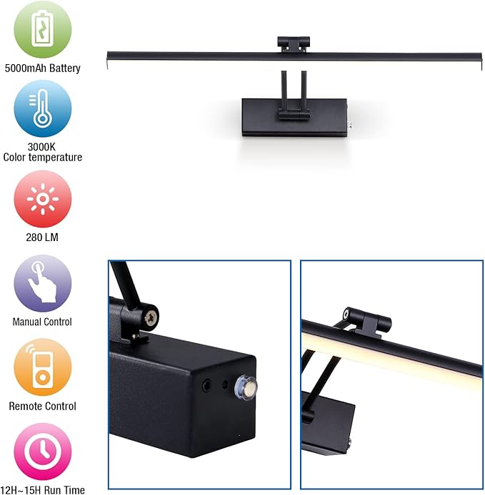 Wireless Picture Light, 16 inches, Battery Operated, Dimmable Black Metal LED Art Light for Wall Sconce