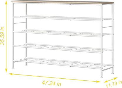 SUOERNUO Shoe Rack Organizer 5 Tier for Closet Entryway Free Standing Metal Storage Shoe Shelf with MDF Top Board (White+Oak, Large 5 Tier)