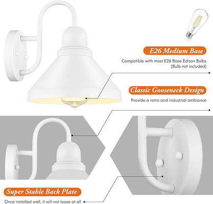 Brightever Gooseneck Outdoor Wall Lanterns, Pack of 2 Exterior Light Fixtures, Anti-Rust Outside Barn Wall Mount Sconces, Waterproof White Patio Wall Lamps for House, Front Door, Bulb Excluded