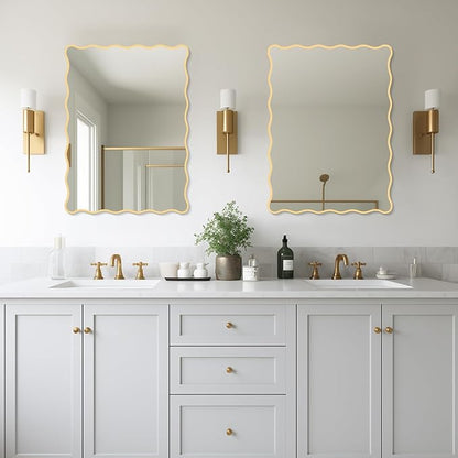 Gold Wavy Mirror Whit Wood Frame, 18" x 24" Small Rectangle Boho Mirror for Nursery Wall Decor, Bathroom Vanity, Bedroom, Living Room, Entryway