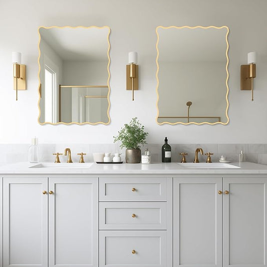Gold Wavy Mirror Whit Wood Frame, 18" x 24" Small Rectangle Boho Mirror for Nursery Wall Decor, Bathroom Vanity, Bedroom, Living Room, Entryway