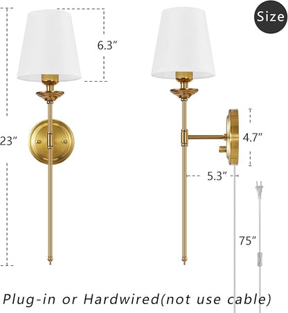 Dimmable Plug in Wall Sconces Set of 2, Gold Bedside Wall Lamp with Knob Dimmer Switch and 6.5FT Electric Cord, Mid Century Modern Bathroom Wall Light Fixture for Bedroom Living Room