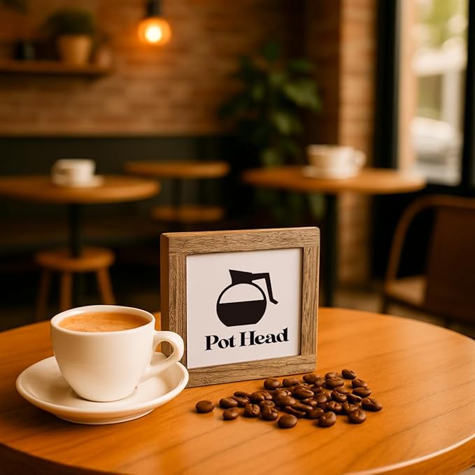 Pot Head Coffee Bar Decor, Box Wooden Plaques Desk Decor, Rustic Pot Head Coffee Sign, Rustic Wood Signs for Kitchen Cafe Bar, Square Wood Block Sign Table Decoration 5.9×5.9 inch