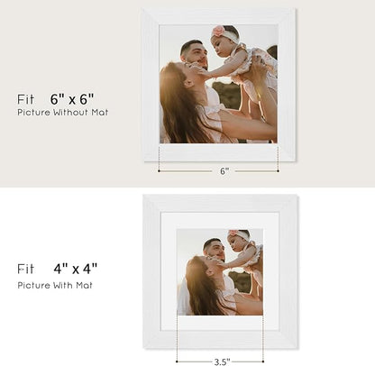 puthiac 6x6 Solid Oak Wood Picture Frame, Fits 4x4 with Mat or 6x6 Without Mat, Wall or Tabletop Display with Stand, Plexi Front, 1 Pack, White