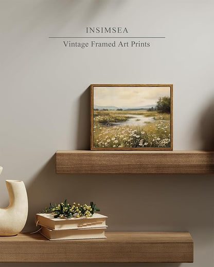 InSimSea Framed Canvas Wall Art, Vintage Floral Wildflower Field Prints Wall Decor for Living Room, Small Retro Landscape Painting Farmhouse Decorations for Bedroom Shelf Gift, 8x10inch