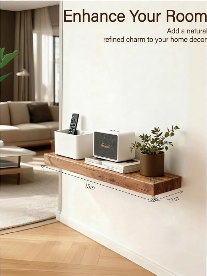 Solid Wood Floating Shelves,15in Finished Real Wood Wall Shelves with Heavy-Duty Hidden Bracket, Easy Installation, Set of 2, 15in x 7.1in x 1.5in, for Living Room Bedroom Kitchen,Bronze