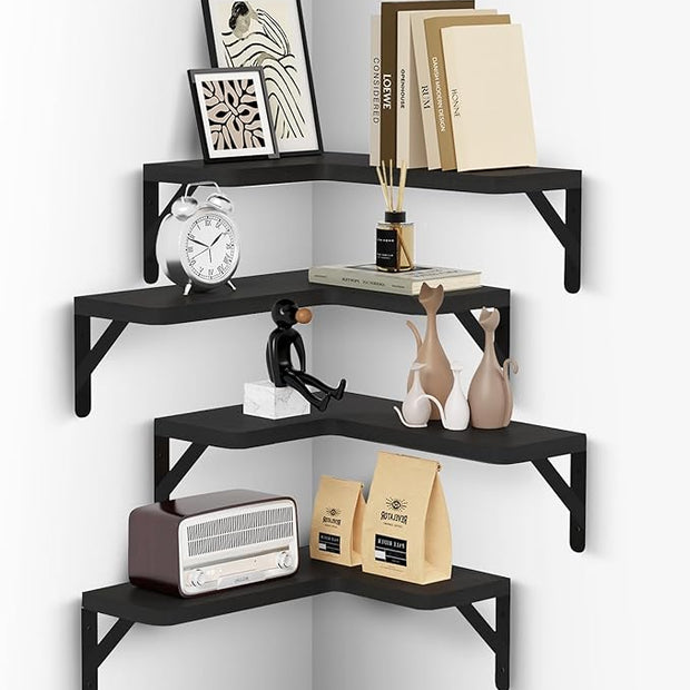 Muzilife Corner Floating Shelves Wooden Floating Shelve Set of 4, Wall Mounted for Storage, L-Shaped Shelves for Wall Decor Organizer for Bedroom, Bathroom, Kitchen, Living Room and Office, Black
