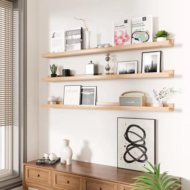 AZSKY 36 Inch Picture Ledge Shelf Solid Wood Large Floating Shelves Wall Mounted Rustic Natural Shelves for Home, Living Room, Bedroom, Bathroom, Office 3 Same Sizes