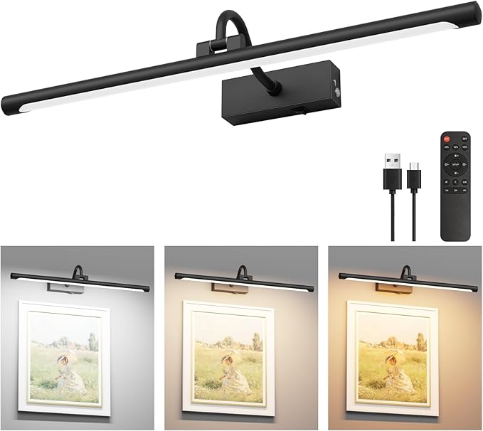 Aipsun 23.6" Black Picture Lights for Wall Rechargeable,12000mAh Battery Operated Art Light for Paintings,3CCT Dimmable, Rotatable Gallery Light for Pictures Display