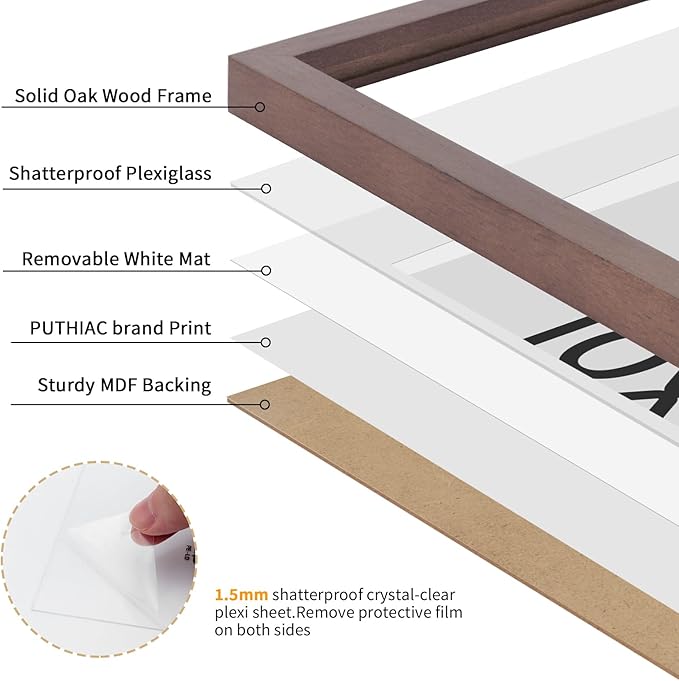 puthiac 10x14 Solid Oak Wood Picture Frame, Fits 8x10 with Mat or 10x14 Without Mat, Wall Display Only, Vertical or Horizontal, Plexi Front, 3 Pack, Walnut