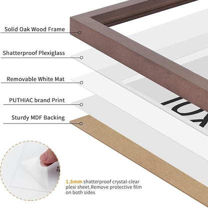 puthiac 10x14 Solid Oak Wood Picture Frame, Fits 8x10 with Mat or 10x14 Without Mat, Wall Display Only, Vertical or Horizontal, Plexi Front, 3 Pack, Walnut