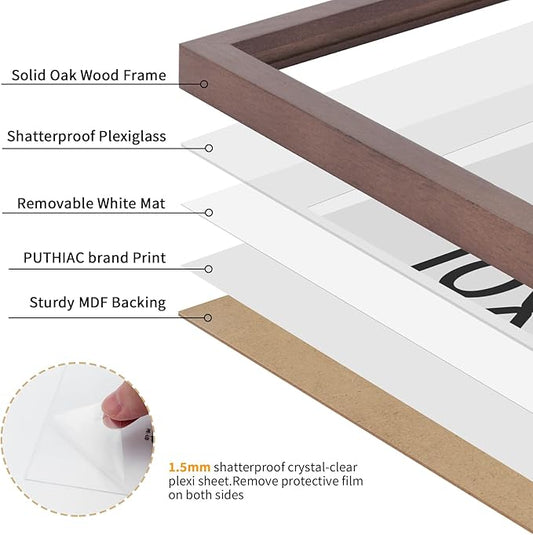 puthiac 10x14 Solid Oak Wood Picture Frame, Fits 8x10 with Mat or 10x14 Without Mat, Wall Display Only, Vertical or Horizontal, Plexi Front, 3 Pack, Walnut