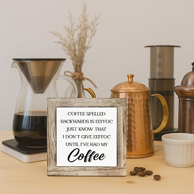 Coffee Bar Decor, Coffee Spelled Backwards Wooden Box Decoration, Rustic Wood Signs for Kitchen Cafe Bar, Funny Office Desk Sign, Freestanding Home Decor 5.9×5.9 inch